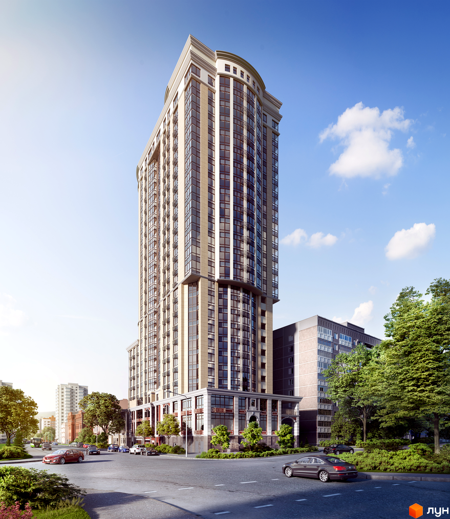 Висотна будівля ЖК Володимирський з великими вікнами та світлим фасадом. Навколо будинку розташована дорога, зелені насадження та інші будівлі.