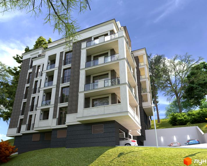 Зображення фасаду Житлового комплексу Park Inn з прибудинковою територією. На передньому плані зелений газон та дерева.