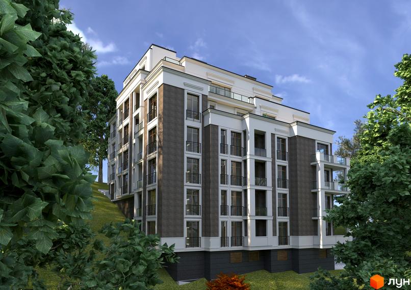 Житловий комплекс Park Inn - це багатоповерхова новобудова з цегляним фасадом та балконами. Будинок розташований на схилі, оточений зеленню та деревами.