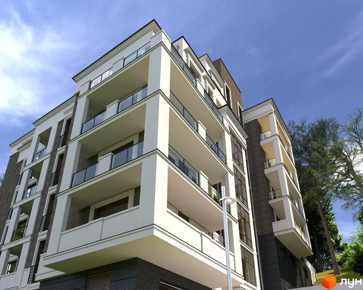 Зображення фасаду Житлового комплексу Park Inn з балконами та панорамними вікнами на тлі блакитного неба. Вигляд новобудови з прилеглою зеленою зоною.