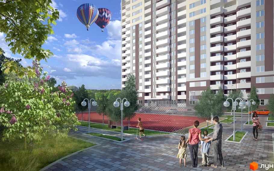 Зображення фасаду та прибудинкової території Житлового району Вигурівщина-20. Високий будинок з балконами, дитячий майданчик, дерева та пішохідна зона.