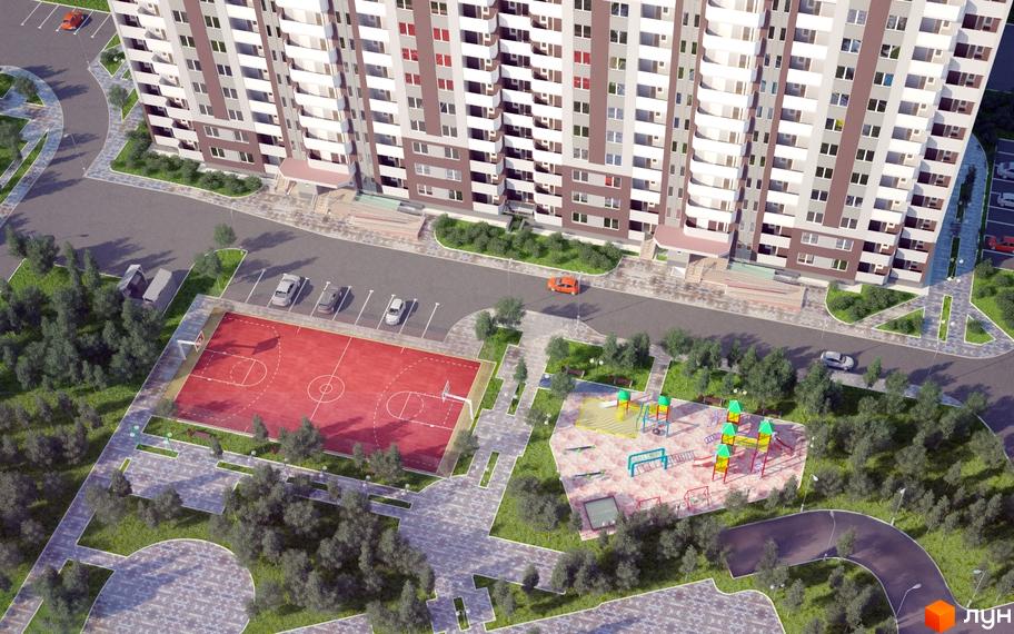 Вигляд зверху на Житловий район Вигурівщина-20: високий будинок, дитячий та спортивний майданчики, парковка, зелені насадження.