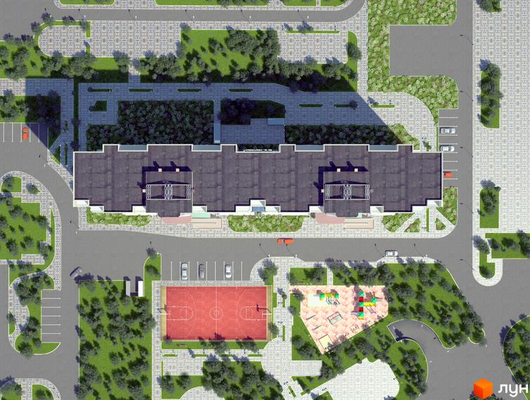 Вигляд зверху на Житловий район Вигурівщина-20: багатоповерховий будинок з дитячим та спортивним майданчиками, парковкою та зеленими насадженнями.