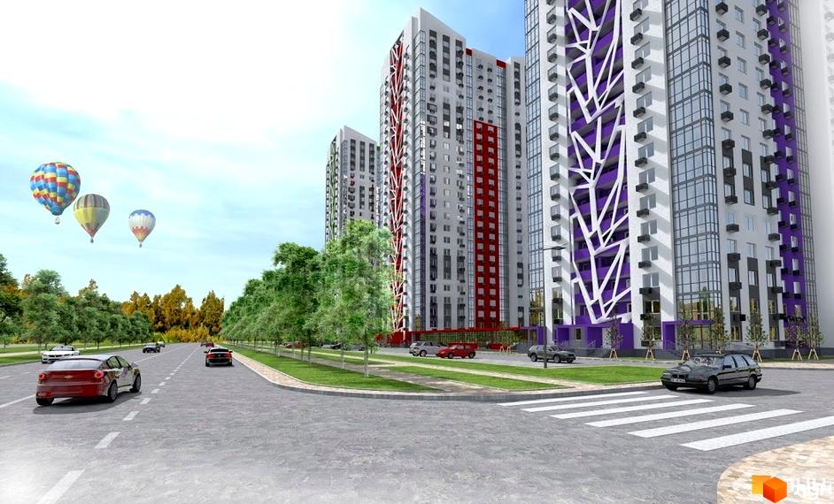 Зображення фасаду будинку Житлового комплексу Вигурівщина-20. Вигляд на прибудинкову територію з дорогою та зеленими насадженнями.