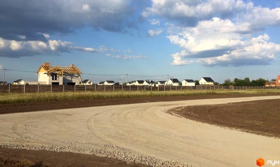 Котеджний квартал „Гетьманський 3“ - новий житловий комплекс з будинками на стадії будівництва та облаштованою територією. Фото новобудови з дорогою.