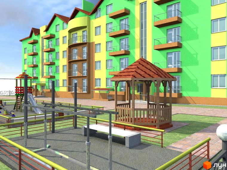 Зображення фасаду та прибудинкової території Новобудови Ромашка. На фото дитячий майданчик, альтанка та багатоповерховий будинок.