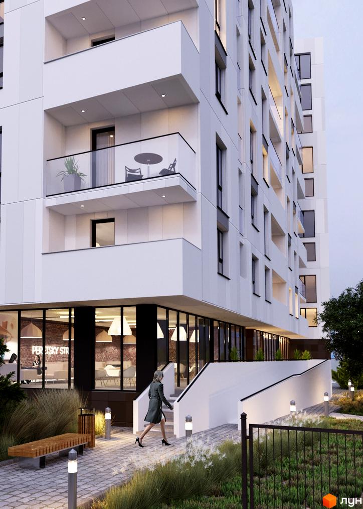 Фасад житлового комплексу на вул. Перфецького, 2 з балконами та великими вікнами. Прибудинкова територія з лавкою, ліхтарями та зеленими насадженнями.