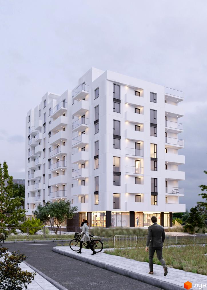 Новобудова на вул. Перфецького, 2 – біла багатоповерхова будівля з балконами та великими вікнами. Прибудинкова територія з деревами та пішохідною доріжкою.