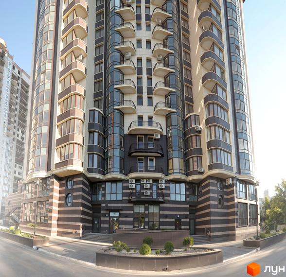 Фасад Житлового комплексу Престиж Холл з бежевими та темно-коричневими смугами, скляними балконами та великими вікнами. Перед будинком доріжка та зелені насадження.