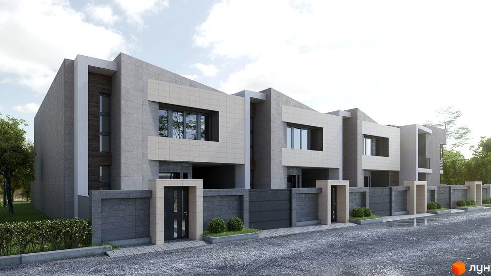 Таунхаус „Протасів Яр“ – це сучасна новобудова з мінімалістичним дизайном фасадів, що складається з кількох секцій. Перед будинками розташована огороджена територія з доглянутими кущами та бруківкою.