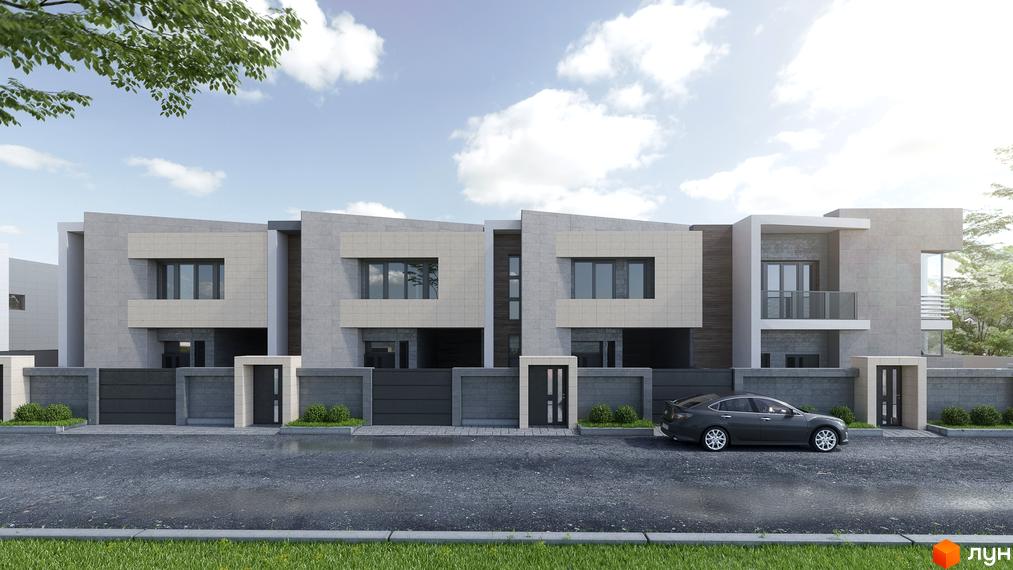 Зовнішній вигляд таунхаусів Протасів Яр з сірою цегляною огорожею та зеленою травою. Сучасна архітектура новобудови з великими вікнами та балконами.