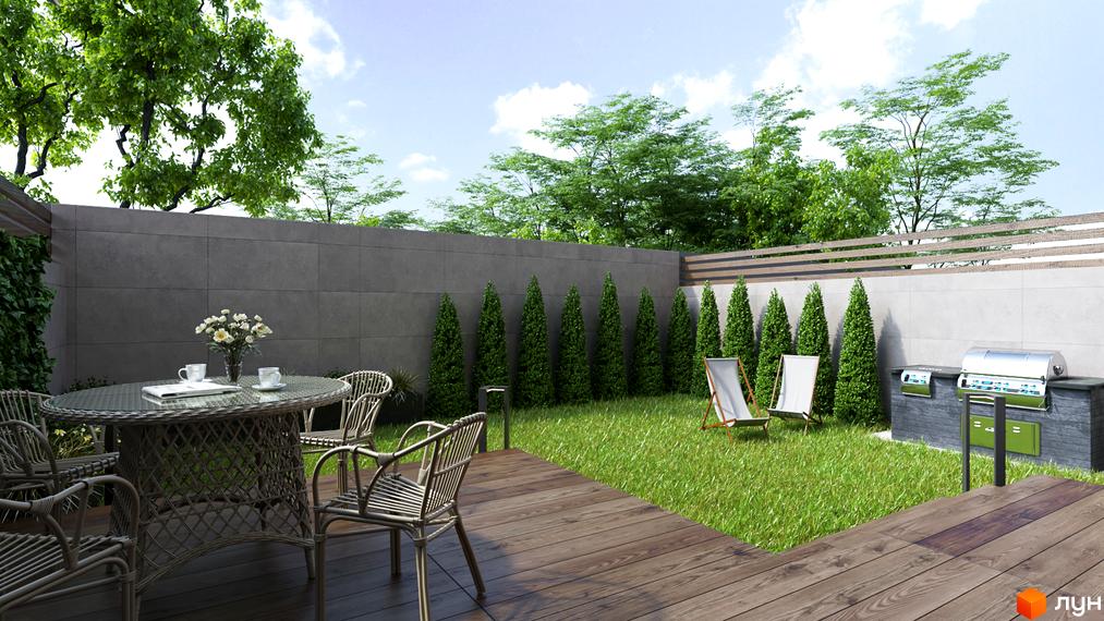 Таунхаус „Протасів Яр“: затишна тераса з плетеними меблями та барбекю-зоною. Зелений двір з газоном та декоративними деревами.