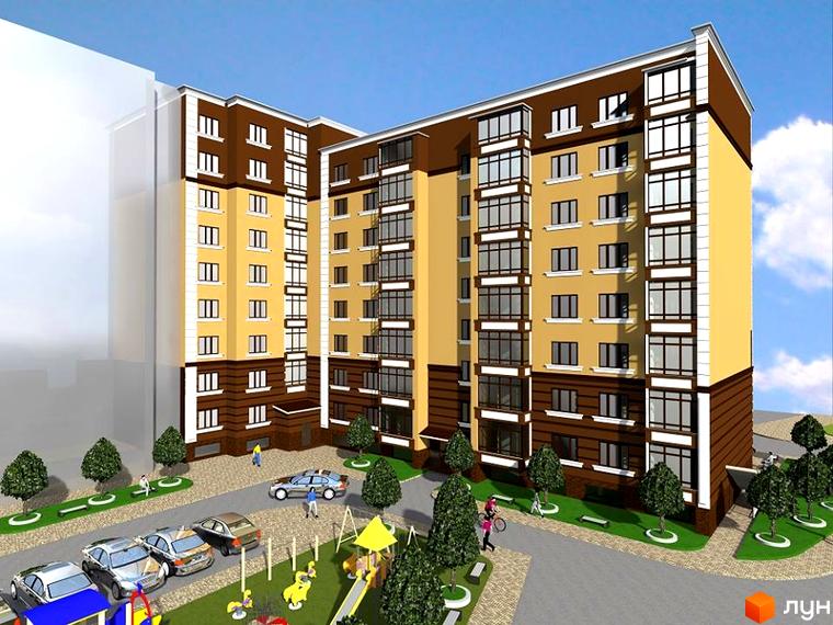 Житловий комплекс Княгинин Парк - новобудова з жовто-коричневими фасадами та великими вікнами. Біля будинку розташовані дитячий майданчик, дерева та парковка з автомобілями.