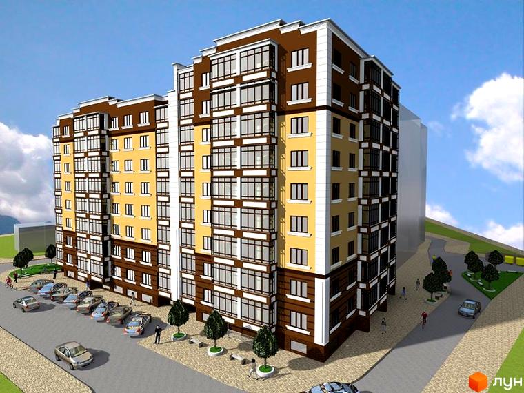 Зовнішній вигляд житлового комплексу Княгинин Парк з жовто-коричневими фасадами та великими вікнами. На прибудинковій території розташовані автомобілі та зелені насадження.