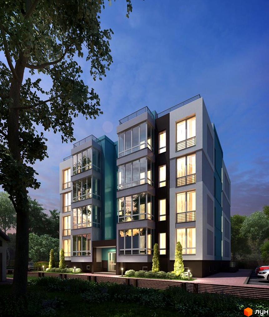 Житловий комплекс ColibriHouse: багатоповерховий будинок з великими вікнами та комбінованим фасадом. Прибудинкова територія має освітлені доріжки та зелені насадження.