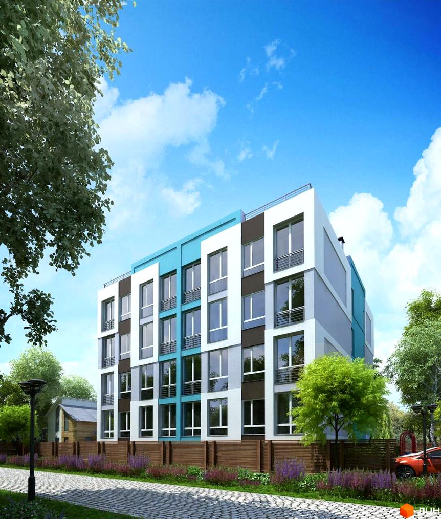 Житловий комплекс ColibriHouse має фасад білого, сірого та бірюзового кольорів. Прибудинкова територія облаштована доріжкою, деревами та квітами.