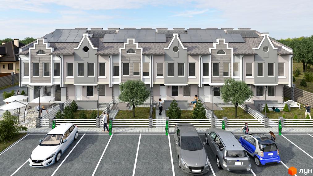 Зовнішній вигляд таунхаусів New Smart 3 з сонячними панелями на даху та парковкою з електромобілями. Прибудинкова територія з деревами та зонами відпочинку.