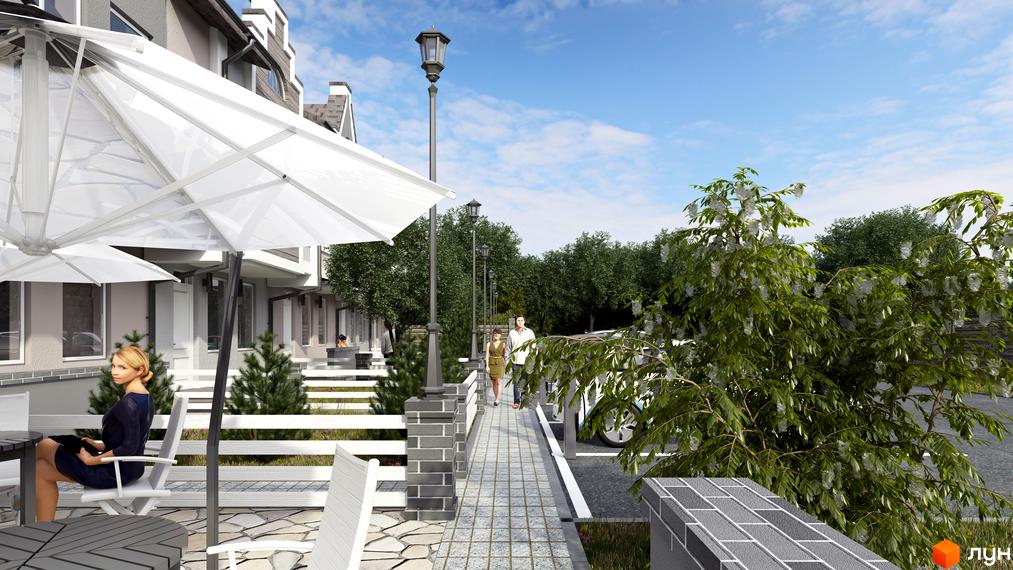 Зовнішній вигляд таунхаусів New Smart 3 з терасою та парасольками. На прибудинковій території доріжка, ліхтарі та зелені насадження.