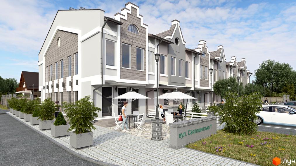 Зовнішній вигляд таунхаусів New Smart 3 з сірими фасадами та дерев'яними елементами. Прибудинкова територія з бруківкою, парасольками та зеленими насадженнями.