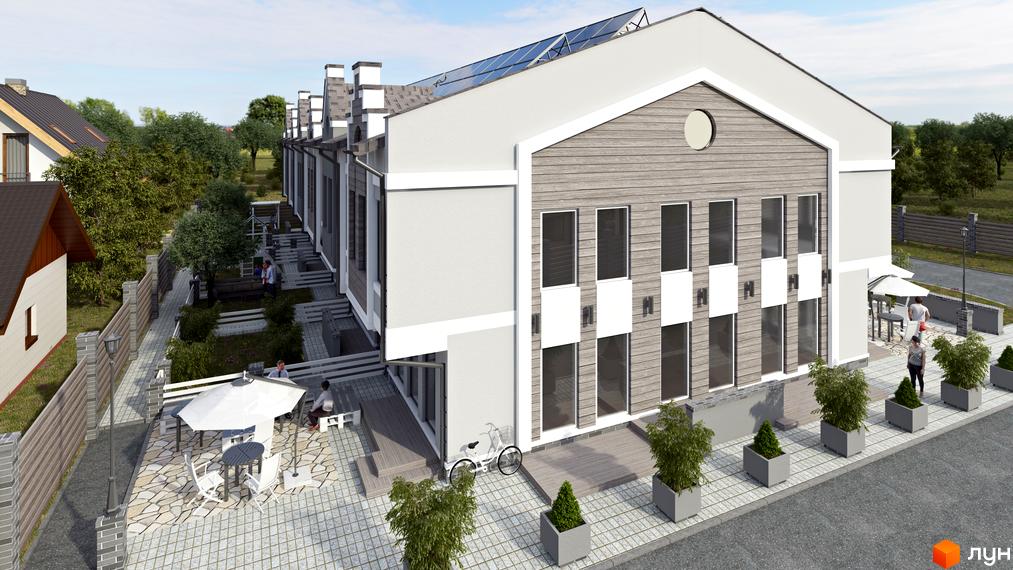 Зовнішній вигляд таунхаусів New Smart 3 з дерев'яним фасадом та великими вікнами. Прибудинкова територія з терасою, парасолькою та зонами відпочинку.