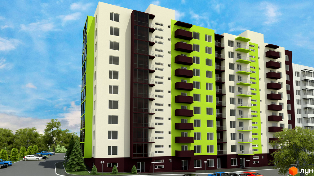 Житловий комплекс Учительський: багатоповерховий будинок з контрастними білими, зеленими та коричневими фасадами. Поруч розташована парковка та зелені насадження.