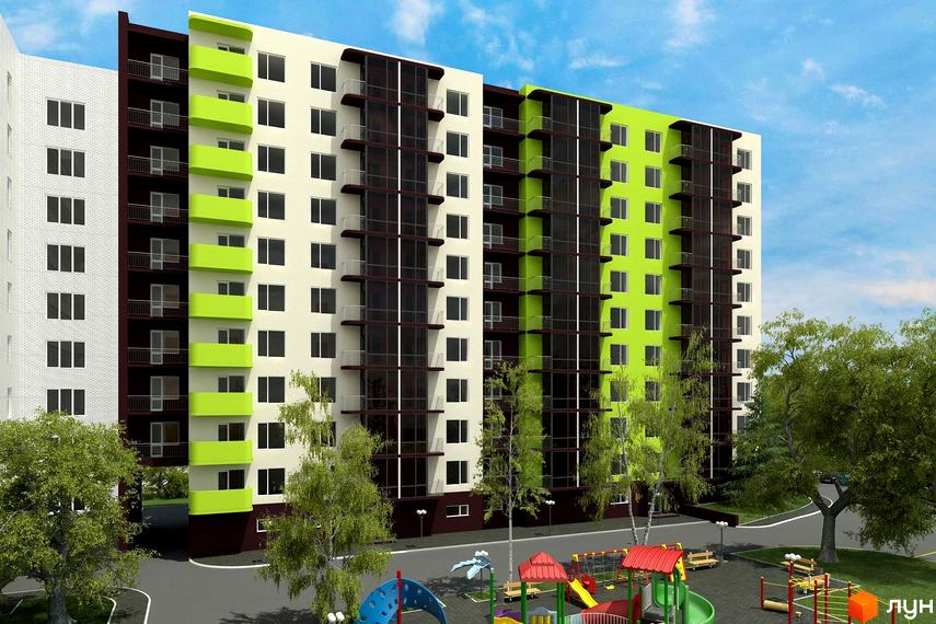 Житловий комплекс Учительський: багатоповерховий будинок з кремовими, темно-коричневими та салатовими секціями, балконами. Поруч дерева та дитячий майданчик.