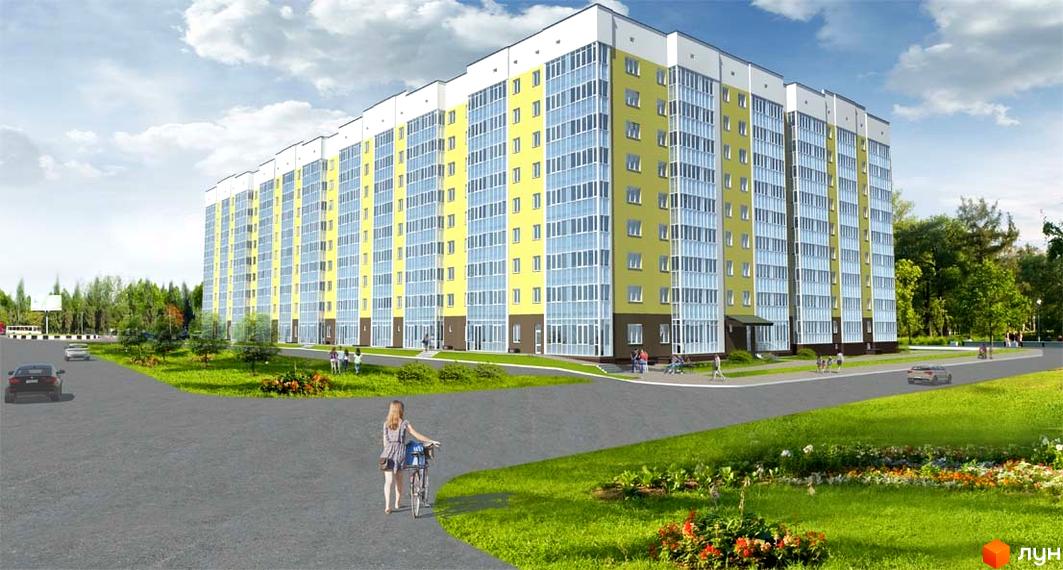 Зображення багатоповерхового будинку в Житловому районі Family Park. На передньому плані прибудинкова територія з газонами та пішохідними доріжками.