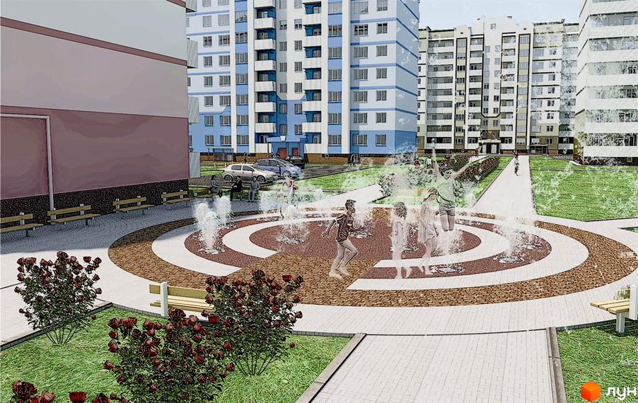 Зображення Житлового району Family Park: багатоповерхівки з блакитними балконами, двір з фонтаном та дітьми, лавки для відпочинку.