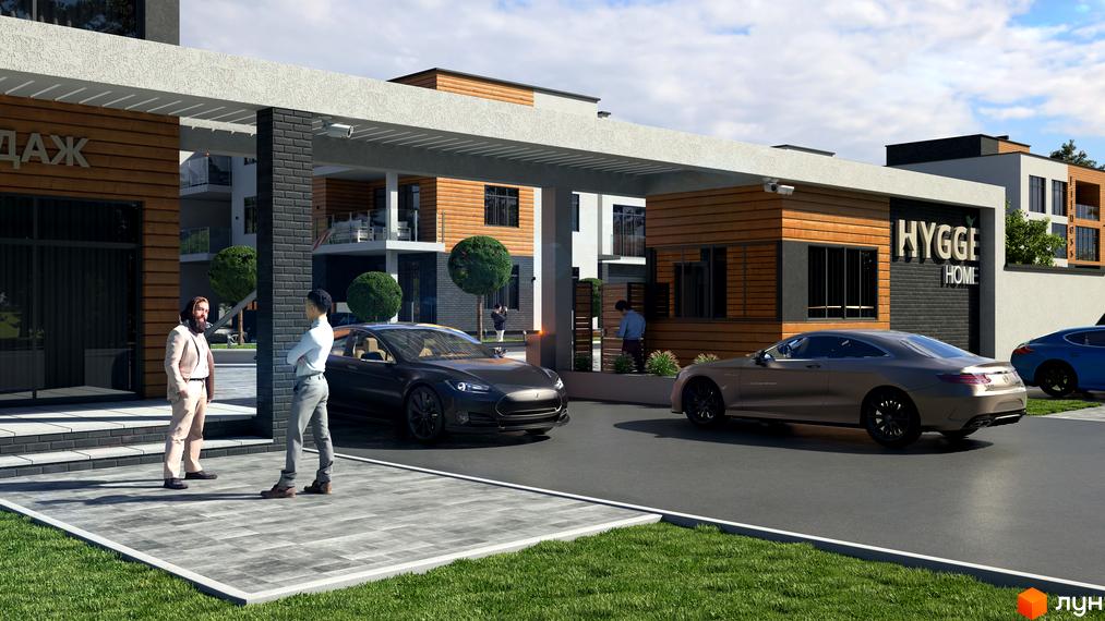 Фасади Котеджного містечка Hygge Home з дерев'яними та світлими елементами, темними вікнами. В'їзд з доріжками та озелененням.