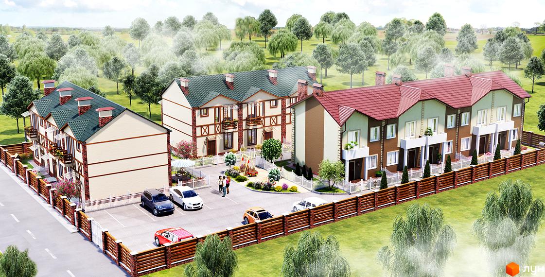 Таунхауси „На Шухевича“ з різнокольоровими дахами та фасадами. На території є парковка та дитячий майданчик.