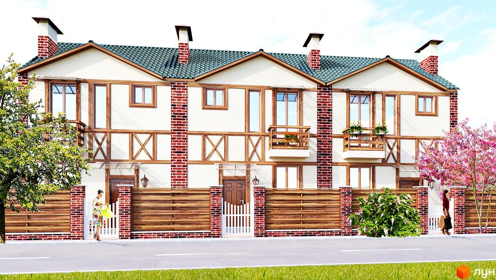 Ряд таунхаусів „На Шухевича“ з білими фасадами, дерев'яними балками та червоною цеглою. Прибудинкова територія має дерев'яний паркан та зелені насадження.