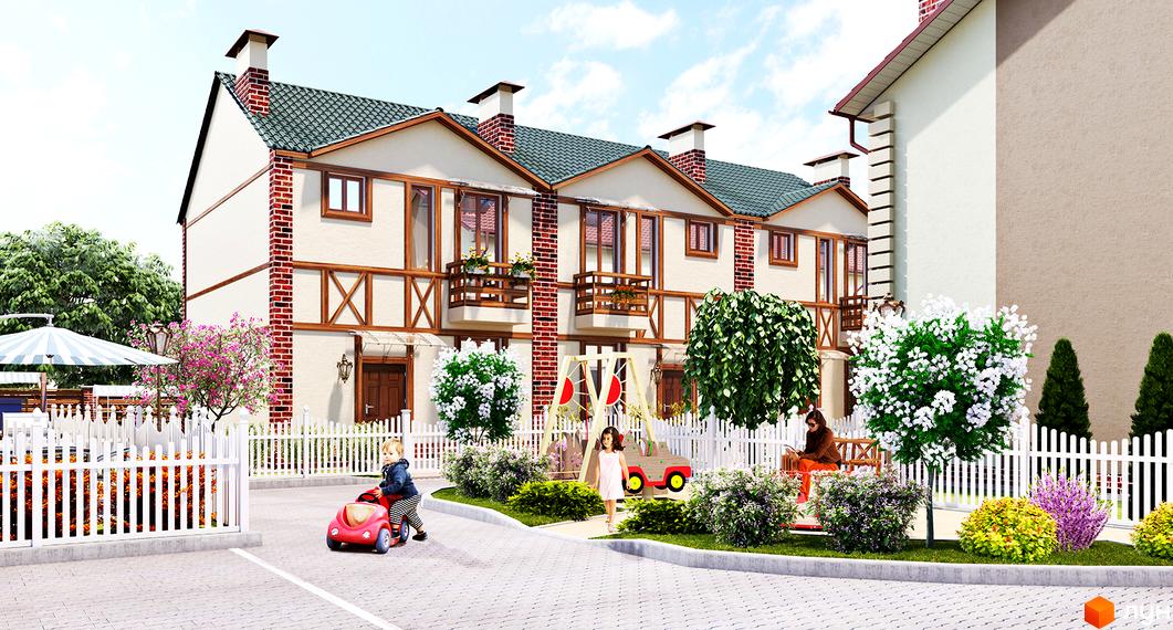 Таунхауси „На Шухевича“ з білими стінами, дерев'яним фахверком та зеленими дахами. На території є дитячий майданчик та зони відпочинку.