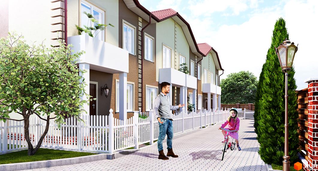 Таунхауси „На Шухевича“: ряд будинків з коричневими та світло-зеленими фасадами. Прибудинкова територія має білі паркани та зелені насадження.