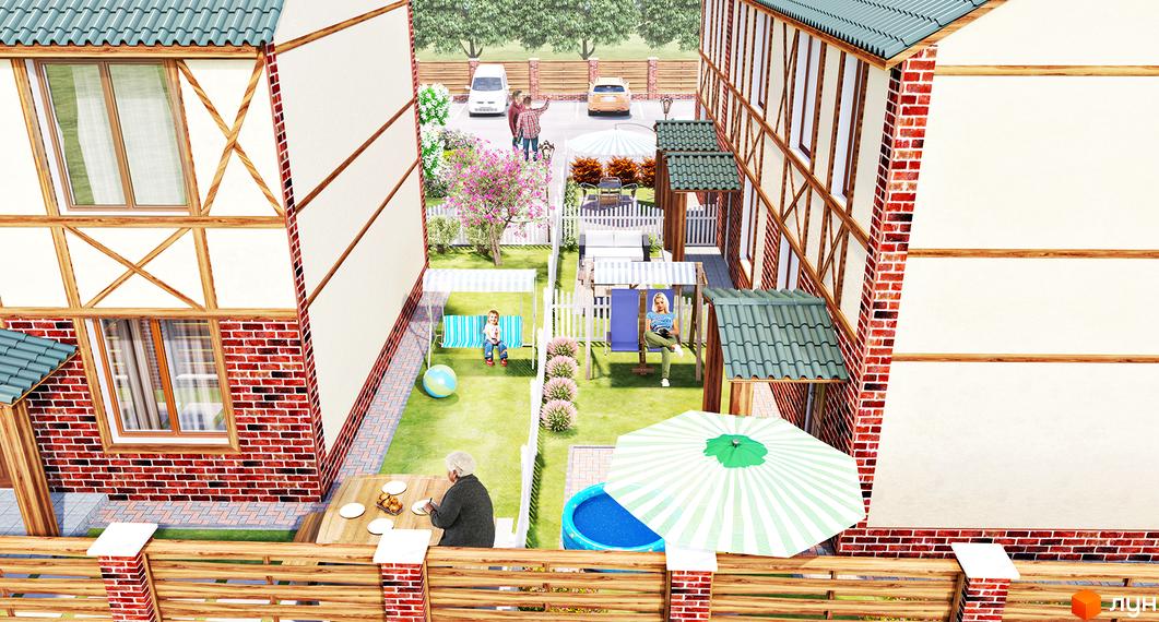 Таунхауси „На Шухевича“ з білими фасадами, дерев'яними балками та цегляною основою. Двір має зелений газон, гойдалки та басейн.