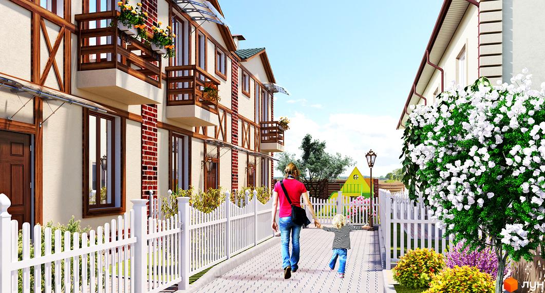 Таунхауси „На Шухевича“: двоповерхові будинки зі світлими фасадами, дерев'яними балками та балконами, білий паркан, доріжка та квітучі кущі.