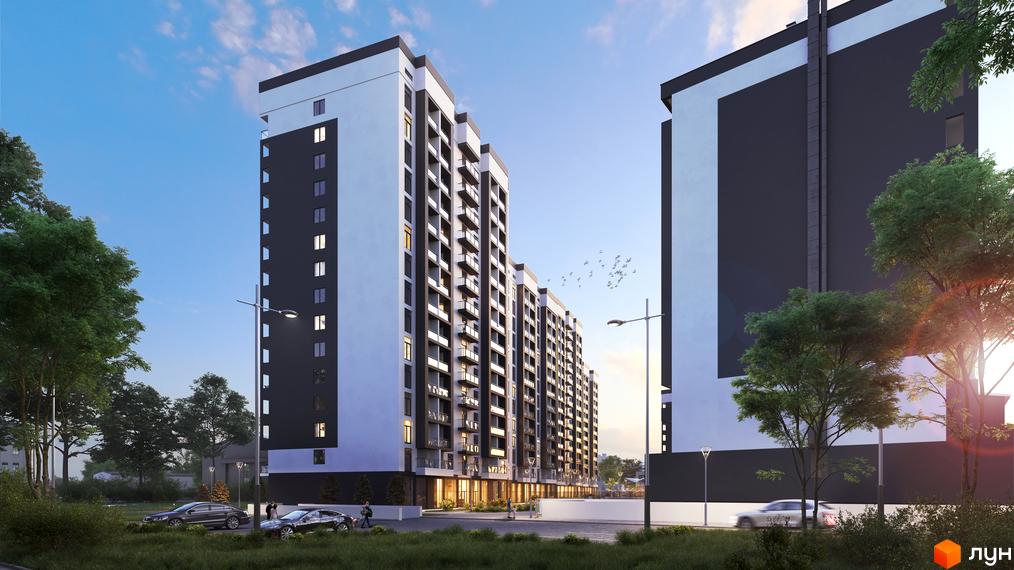 Зовнішній вигляд новобудови ЖК 5th Avenue з білими та темними фасадами та балконами. Навколо комплексу дерева та доглянута прибудинкова територія з автомобілями.