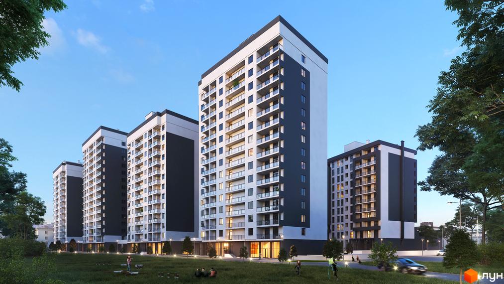 Житловий комплекс 5th Avenue. Високі будинки з білими фасадами та темними вставками. На території зелена зона з деревами та газоном.