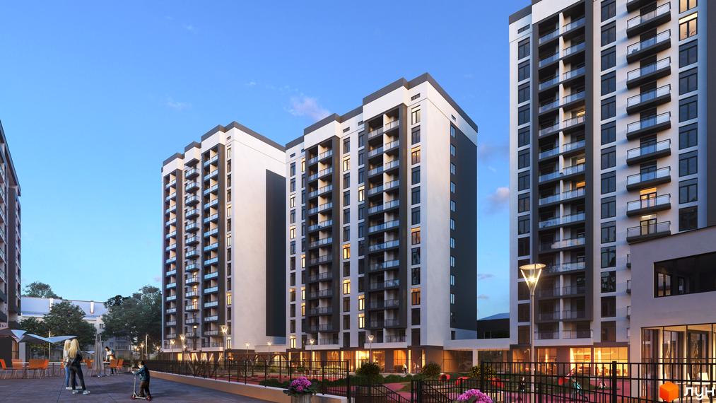 Житловий комплекс 5th Avenue. Високі будинки з балконами та панорамними вікнами. На території комплексу є дитячий майданчик та зони відпочинку.