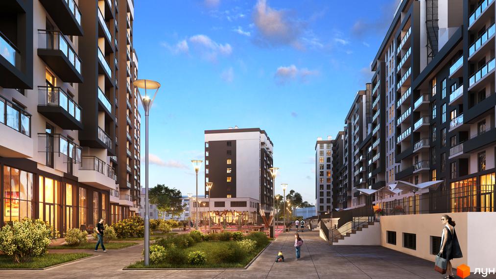 Житловий комплекс 5th Avenue: фасади будівель з балконами та вікнами, прибудинкова територія з дитячим майданчиком та алеями.