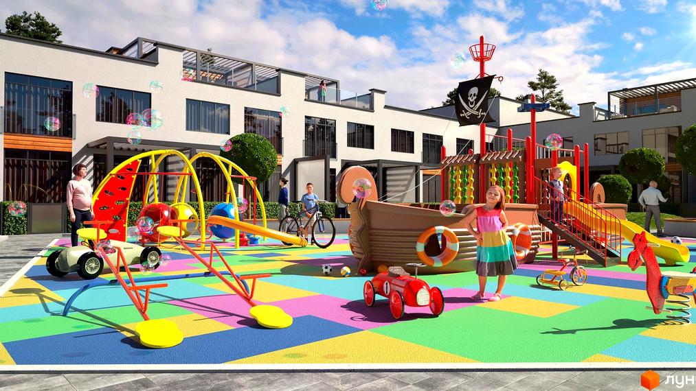 Житловий комплекс Hygge Home: світлі будинки з темними вікнами та терасами, перед якими розташований яскравий дитячий майданчик.