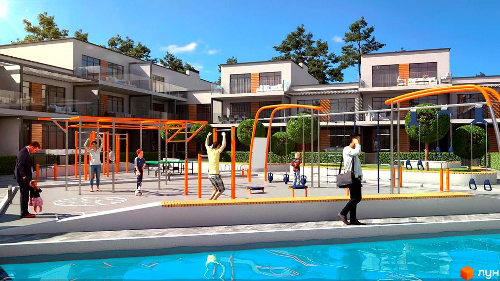 Житловий комплекс Hygge Home має світлі багатоповерхові будинки з балконами. На території облаштовано спортивний майданчик та басейн.