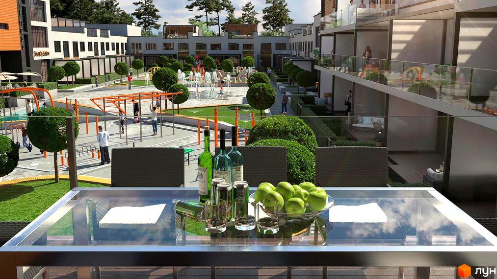 Житловий комплекс Hygge Home з багатоповерховими будинками та балконами, на території якого розташовані дитячий майданчик, фонтан та зелені насадження.