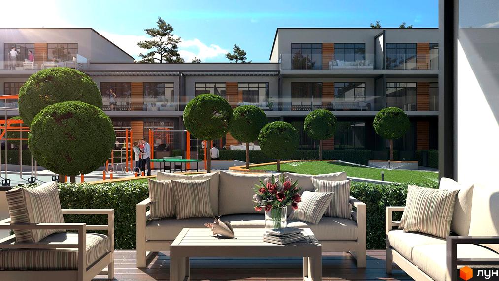 Житловий комплекс Hygge Home з багатоквартирними будинками, великими вікнами та балконами. На прибудинковій території зелені насадження, дитячий майданчик та зони відпочинку.