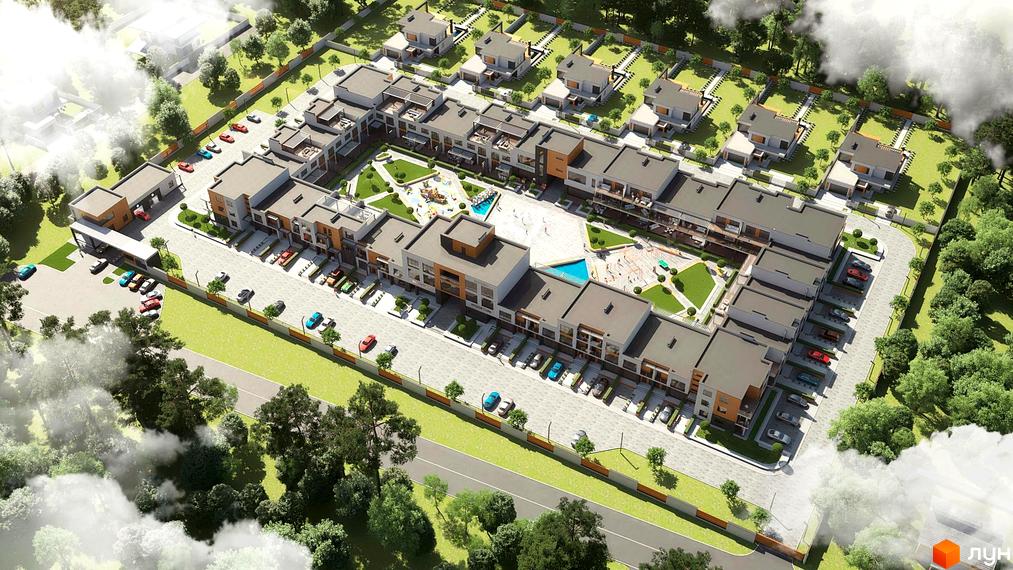 Житловий комплекс Hygge Home з малоповерховими будинками, внутрішнім двором, дитячими майданчиками та зеленими зонами.