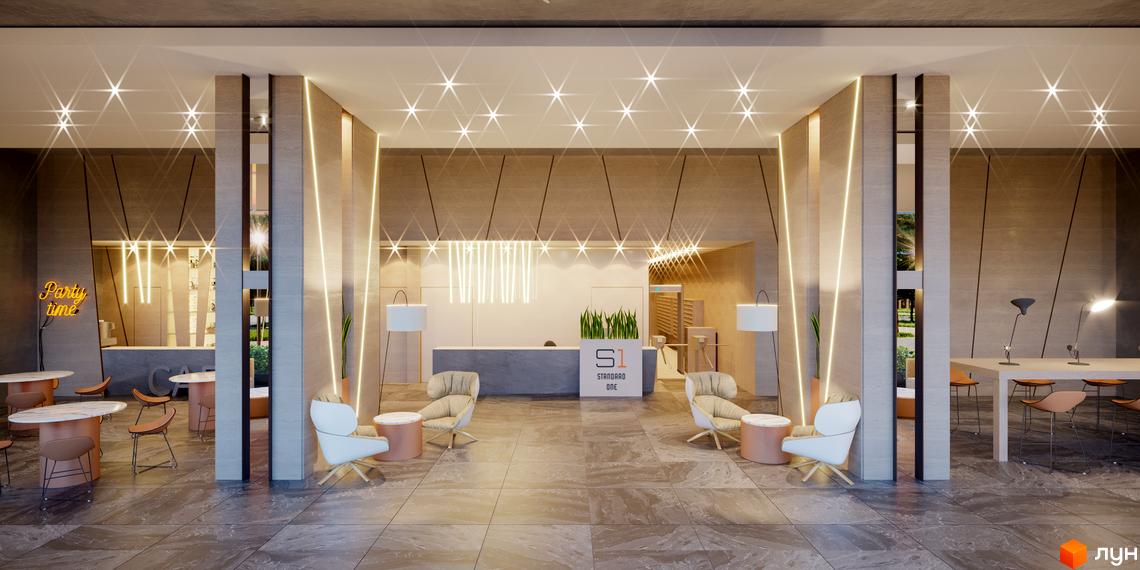 Інтер'єр житлового комплексу Standard One: зона ресепшн з м'якими кріслами та столиками. На задньому плані барна стійка та робочі місця.