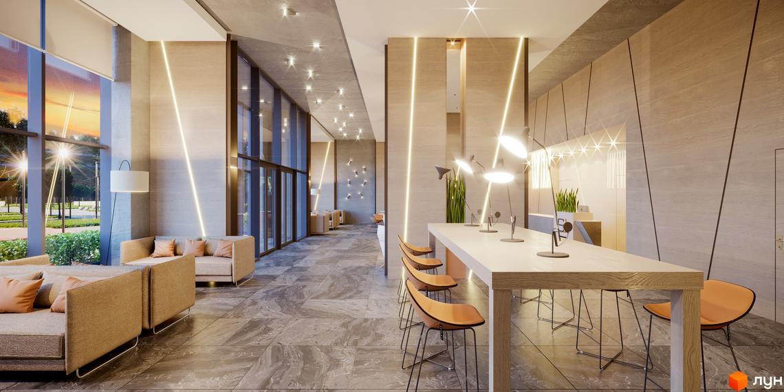 Інтер'єр зони відпочинку в Житловому комплексі Standard One. Зручні дивани, великі вікна та сучасне освітлення створюють затишну атмосферу.