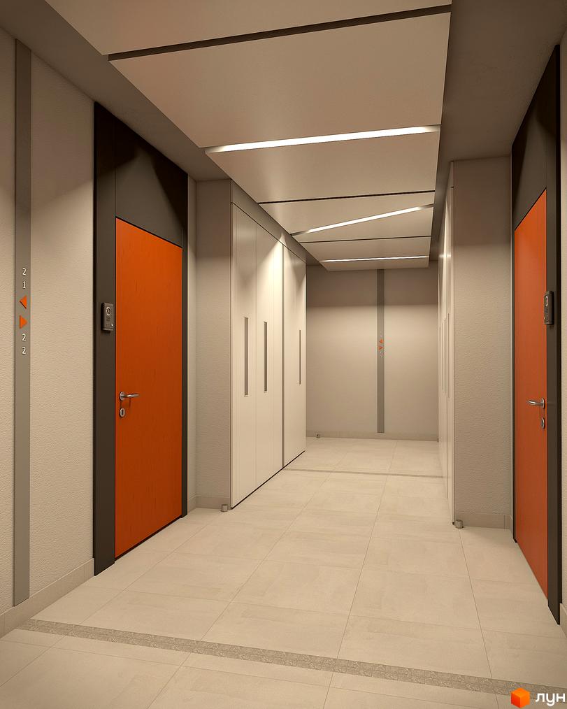 Інтер'єр поверху Новобудови Standard One з помаранчевими дверима та білими шафами. Коридор з плиткою на підлозі та освітленням на стелі.