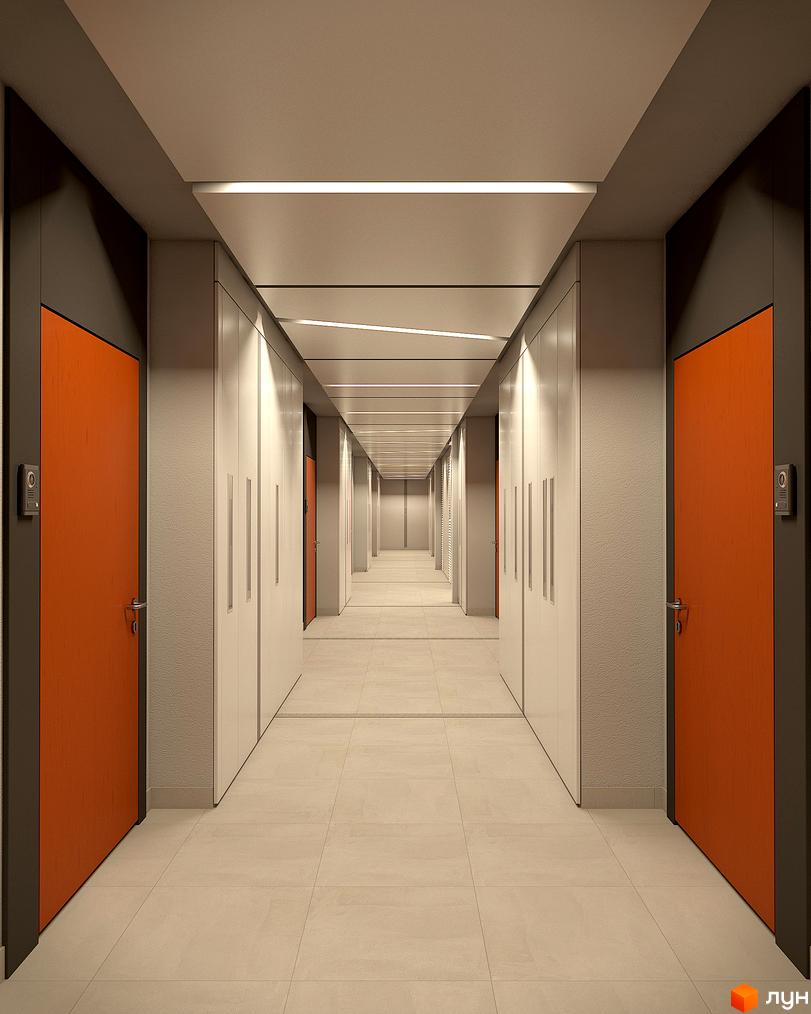 Інтер'єр коридору в Будівельному проєкті Standard One. Довгий коридор з дверима по обидва боки, освітлений лінійними світильниками на стелі.
