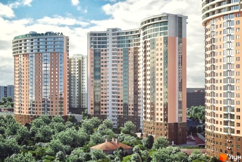Житловий комплекс Двадцять шоста перлина. Сучасні висотні будинки з панорамними вікнами та великою кількістю зелені навколо. Ідеальне місце для життя.