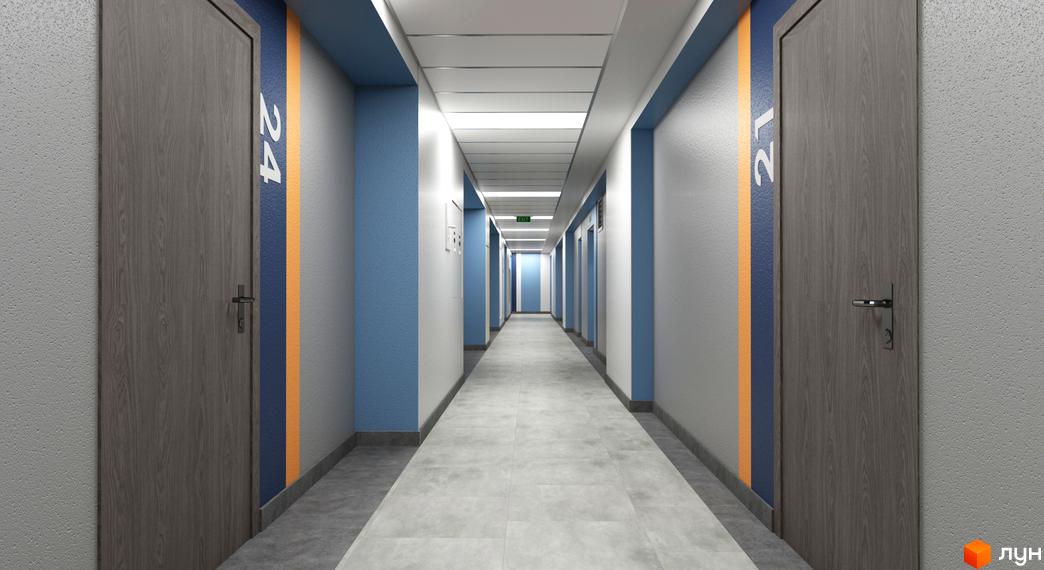 Коридор у ЖК Чарівне Місто з дверима та номерами 21, 24. Сучасний дизайн та освітлення створюють комфортну атмосферу.